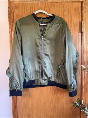 CoffeeShop Olive Green Satin Bomber Jacket with Ruffle Trim